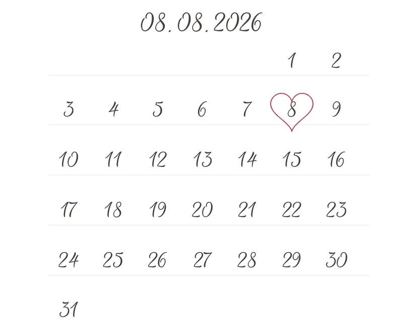 Календарь с датой свадьбы 08.08.2026
